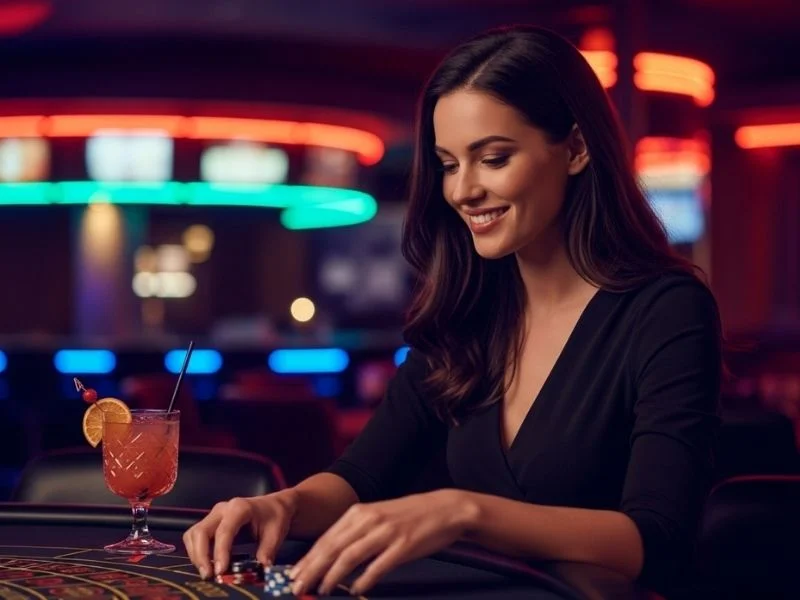 Happy woman smiling while playing casino games, enjoying her time at a physical casino with Gobingo.