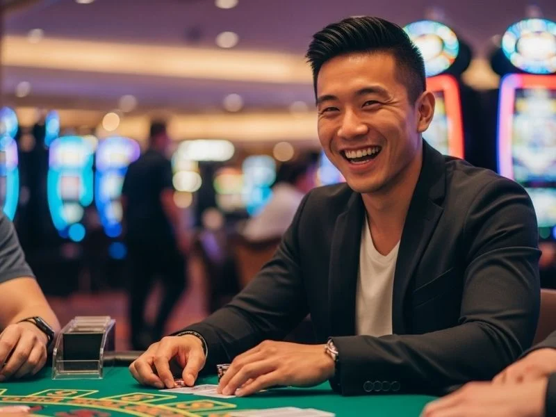 Man happily playing poker with friends at a casino table, enjoying his time at GoBingo.