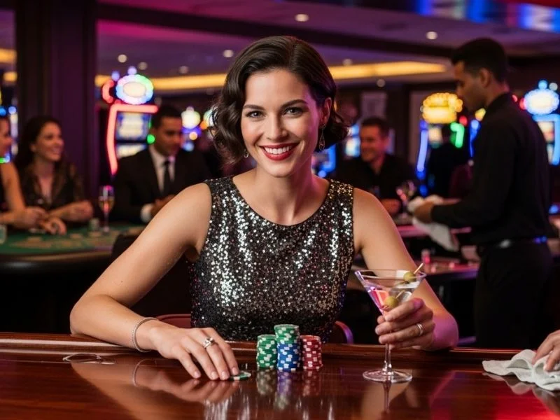Woman happily posing with casino chips at a physical casino table, enjoying her Gobingo gaming experience.