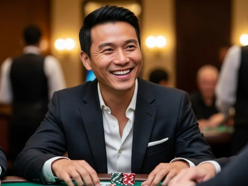 Man happily playing table games at a casino, enjoying his time with chips and cards – gobingo experience