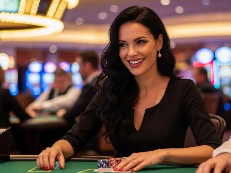 Happy woman placing bets on a poker table at Golden Palace Casino download platform.