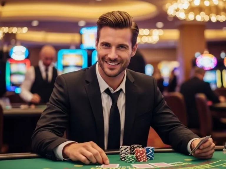 Man cheerfully playing poker games after Golden Palace Casino download.
