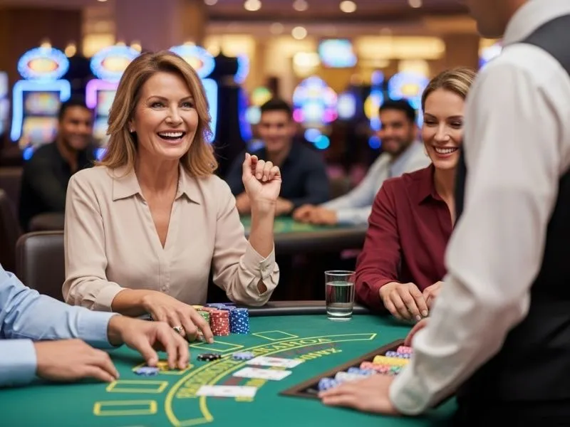 Woman happily playing poker with friends at Golden Palace Casino download.