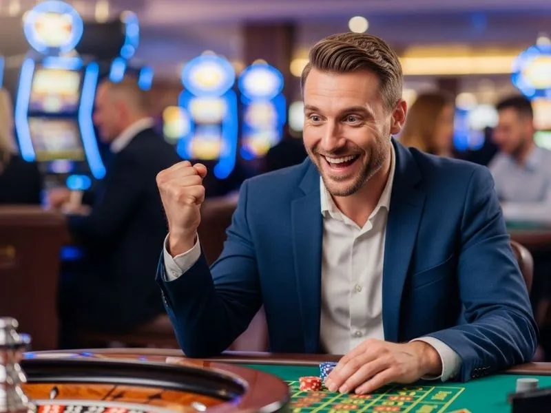 Cheerful man celebrating a big win at the roulette table with a jackpot meter JILI in the casino.