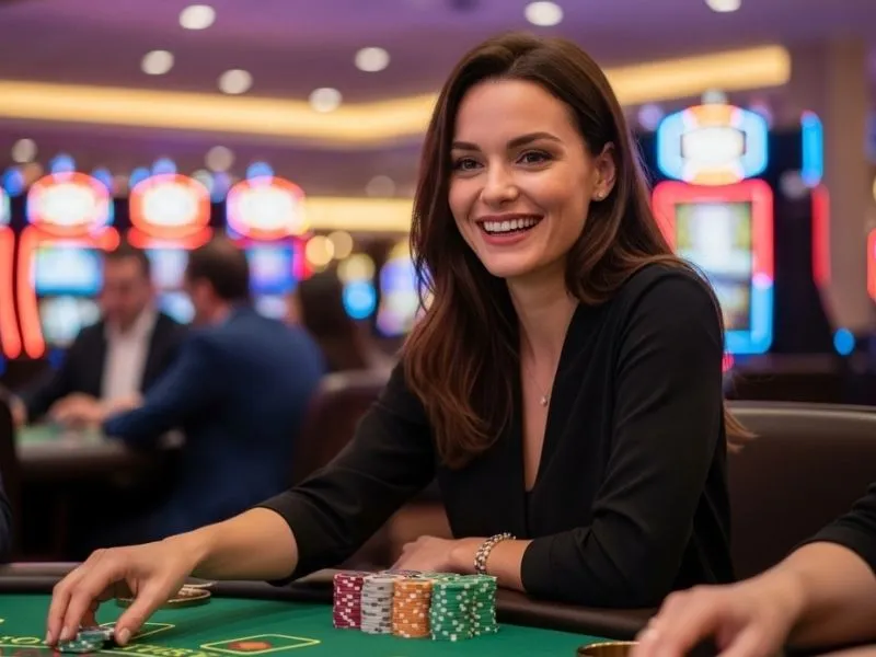Happy woman placing bets on a poker round with a jackpot meter jili in the background