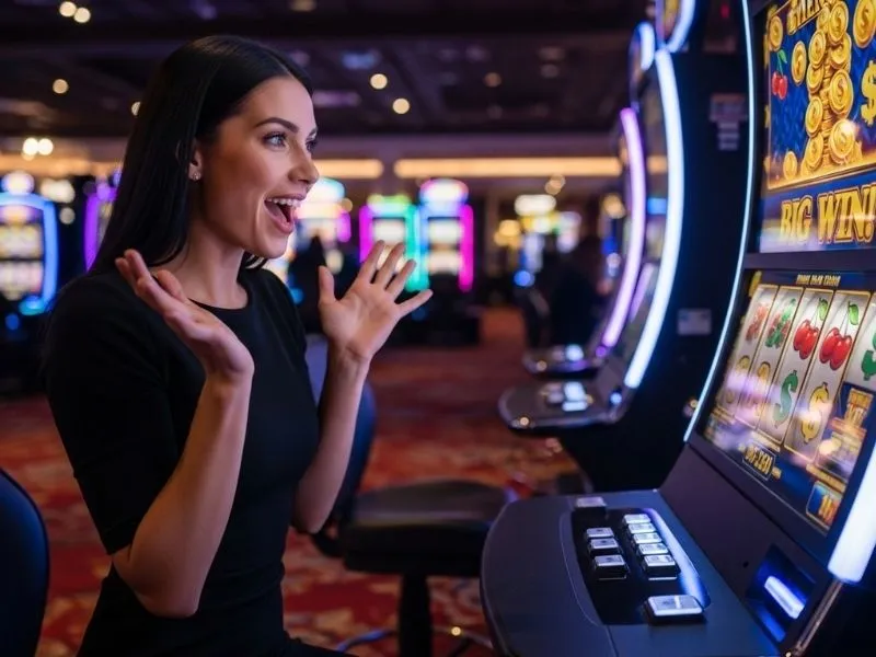 Woman smiling while playing slot machines with a jackpot meter jili in the background