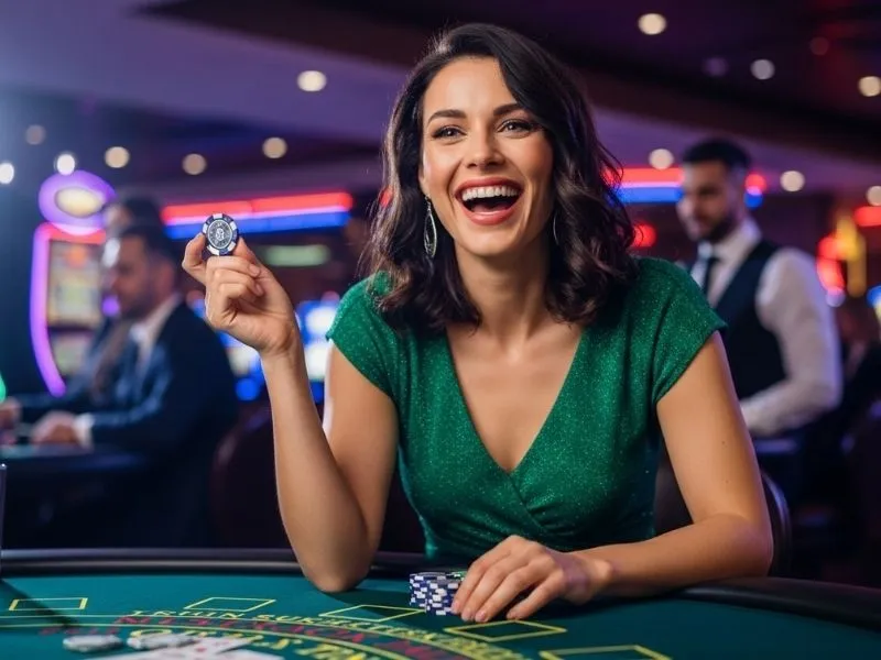 Woman happily playing blackjack with a jackpot meter JILI display in the casino