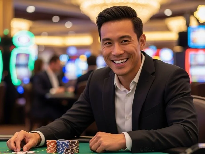 Man smiling with casino chips in front of him while playing, representing Manny Pacquiao online casino app