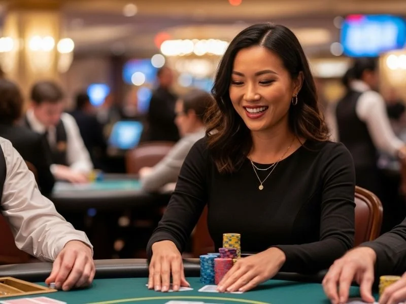 Woman happily playing at a casino table, enjoying her chips and games with excitement using Manny Pacquiao Online Casino App.