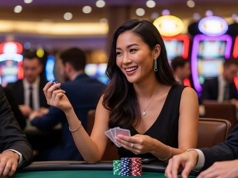 Woman happily playing table games at a casino while enjoying the Manny Pacquiao Online Casino App experience