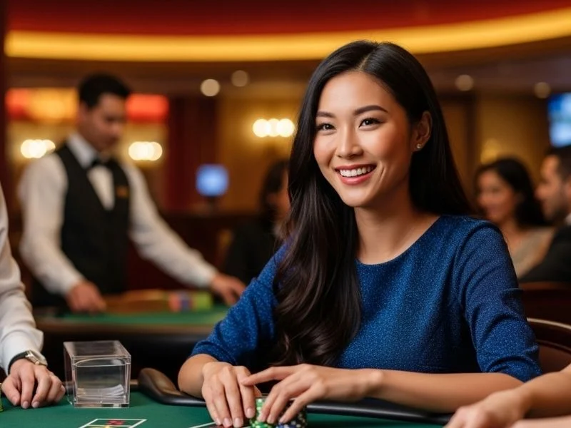 A happy woman sitting at a physical casino table with poker chips, smiling while enjoying gameplay, representing the nn777 online casino experience.