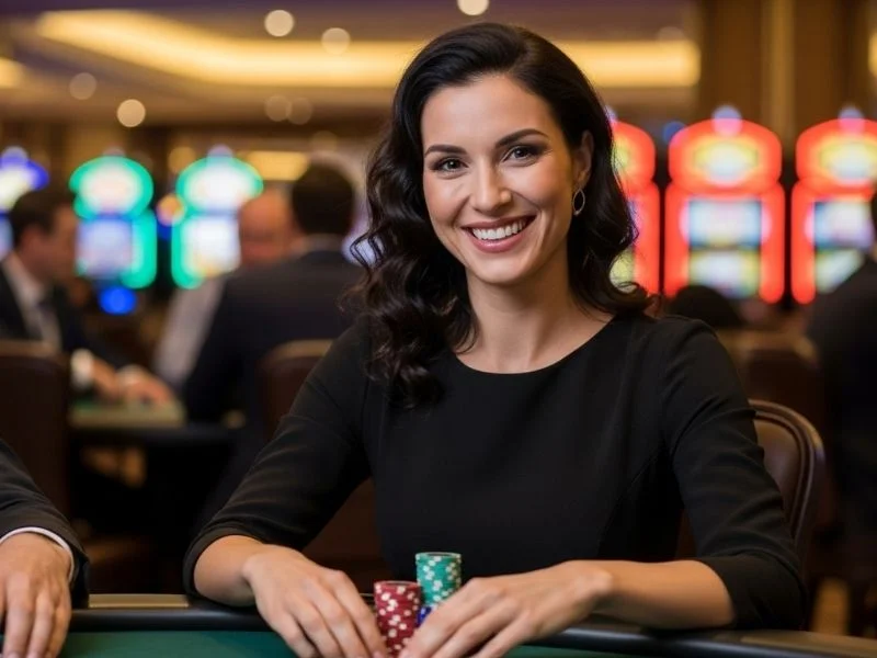 Woman happily winning at a poker table in a physical casino, representing the excitement of nn777 online casino.