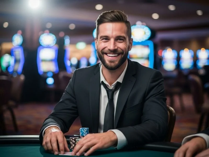 Man happily playing poker at a physical casino table with chips and cards, representing the fun and excitement promoted by nn777 online casino.