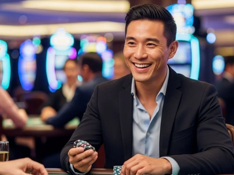 Man smiling while holding poker chips inside a physical casino, representing the gaming excitement associated with nn777 online casino.