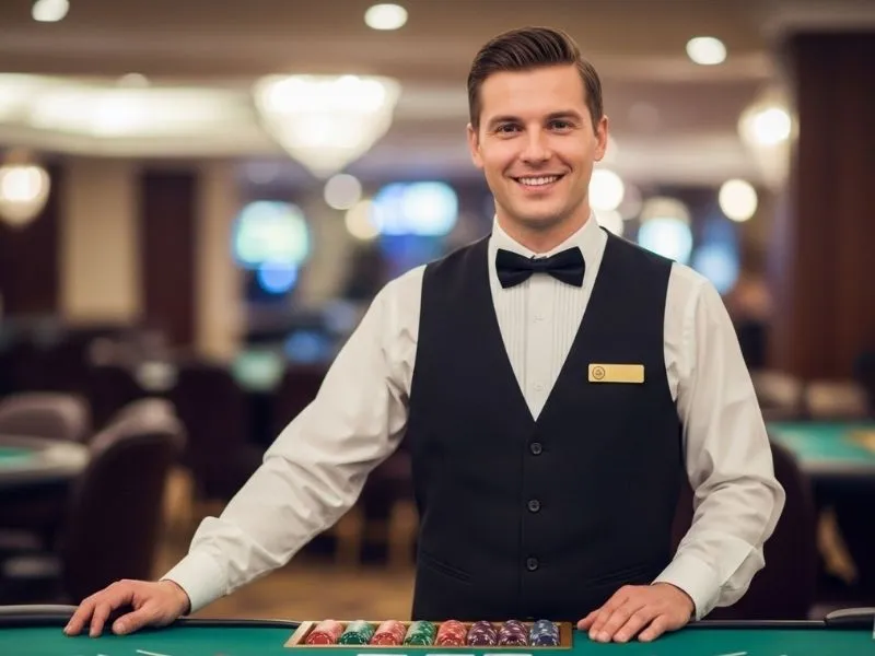 Smiling casino dealer managing the jackpot meter JILI at a lively casino table