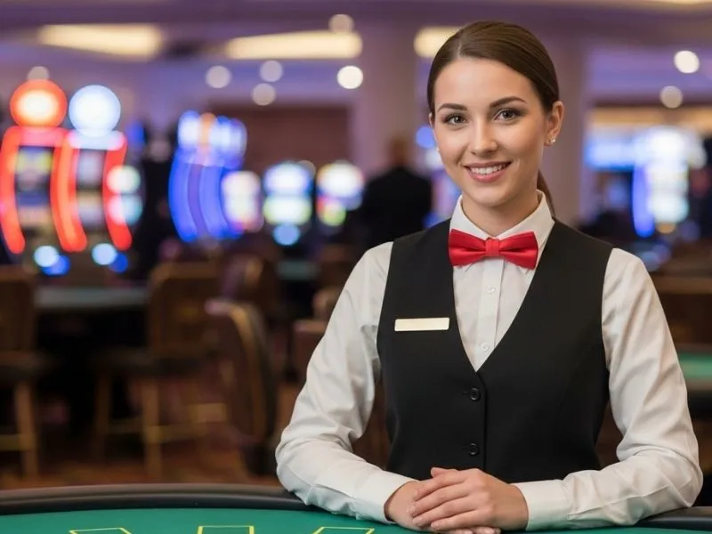 Smiling woman working as an online casino dealer at a vibrant casino table