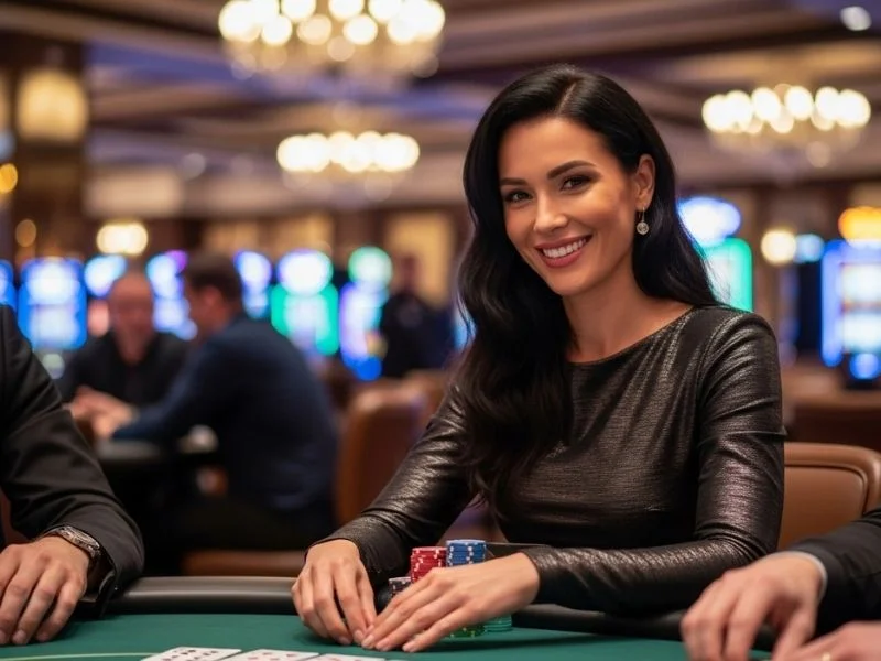 Woman happily playing casino games and smiling at an online perya