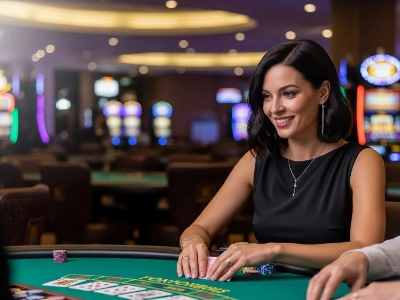 Woman happily playing poker cards at a casino table in an online perya setting