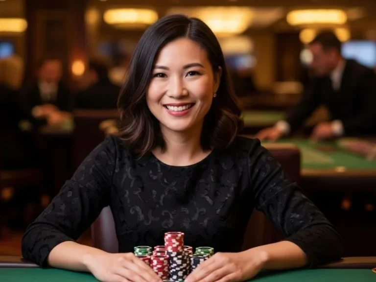 Woman happily smiling with casino chips in front of a poker table at an online perya