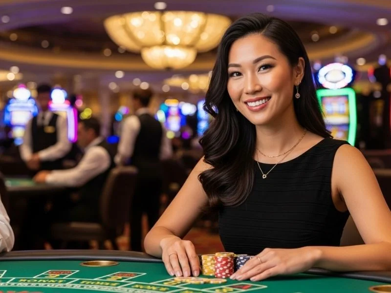 Pagcor customer service lady happily playing baccarat at casino table
