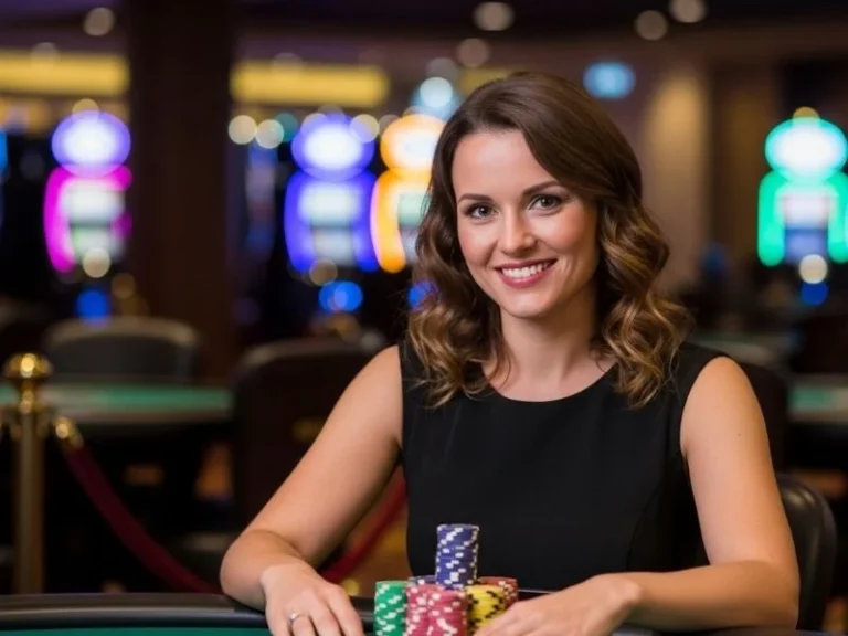 Pagcor customer service lady happily smiling with chips in front of poker table