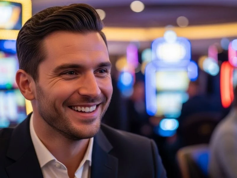 Man smiling and enjoying casino night happily, representing excellent Pagcor customer service.