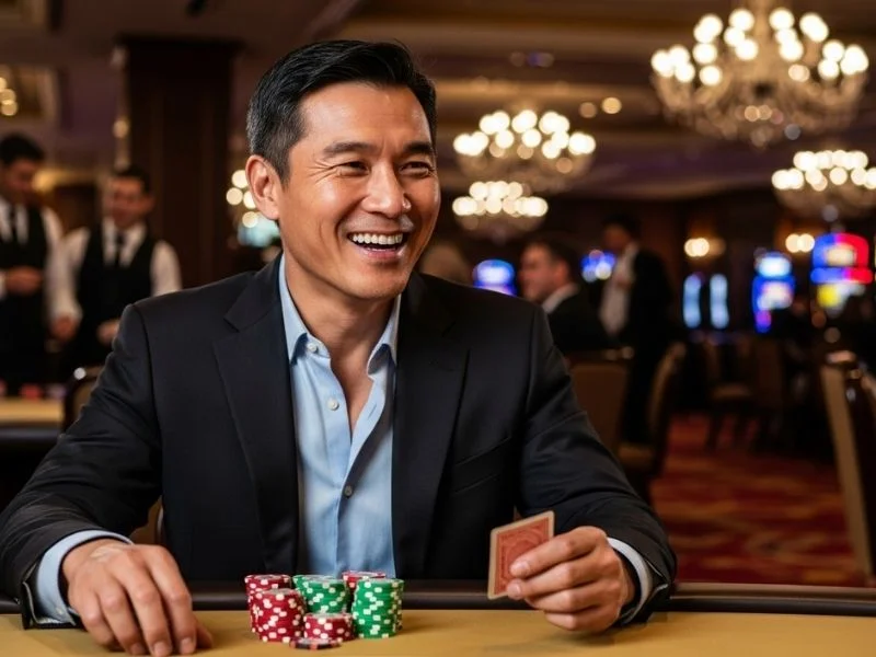 Man smiling while enjoying casino games at Pagcor customer service area