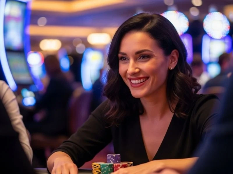 Happy woman smiling with casino chips on the table inside a physical casino for Peso Win.