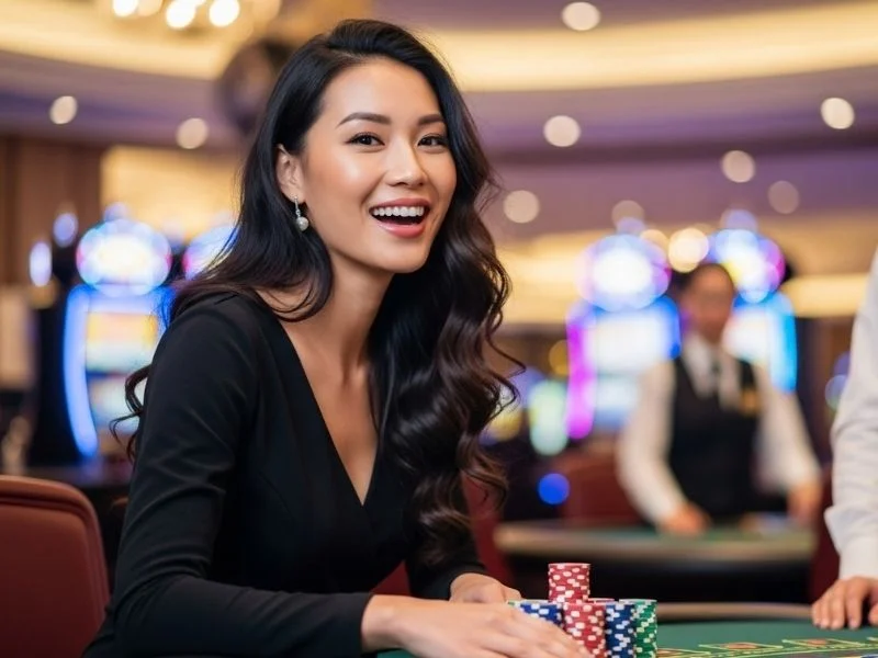 Woman happily celebrating a big poker win at a casino table, enjoying her Peso Win moment.