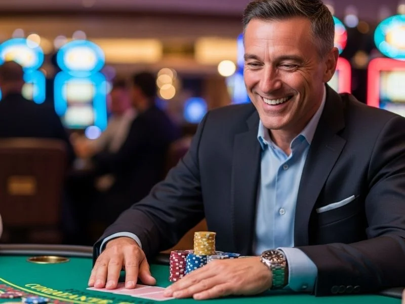 Man smiling happily while playing at a casino table with chips – Peso Win experience.