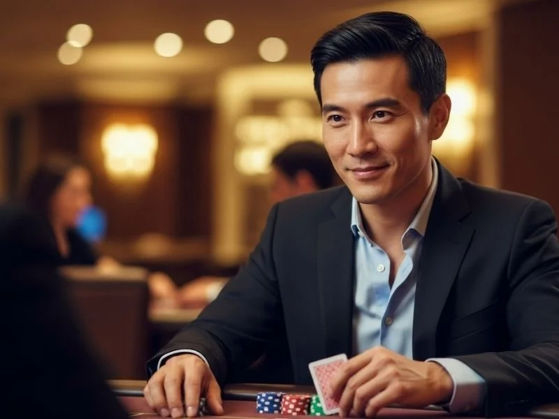 Man smiling while placing casino chips on a poker table inside a physical casino, representing Peso Win gaming experience.