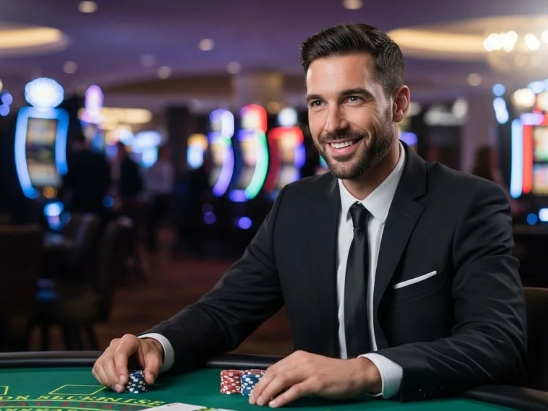 Man smiling while betting on a baccarat table inside PH Laro Casino
