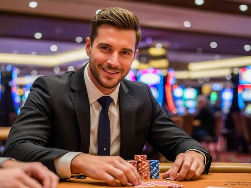 Man happily playing casino games while collecting ph777 free coins.