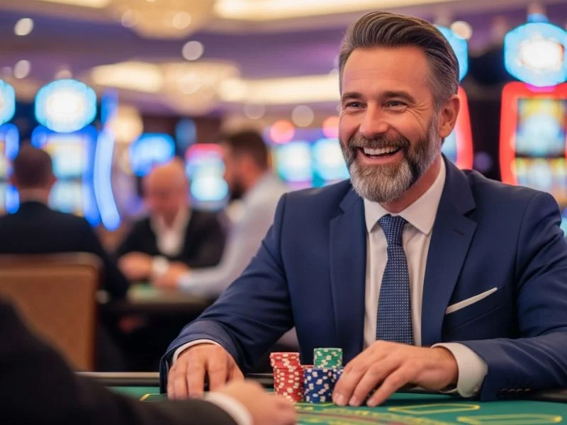 Old man smiling and enjoying a poker game while playing with ph777 free coins