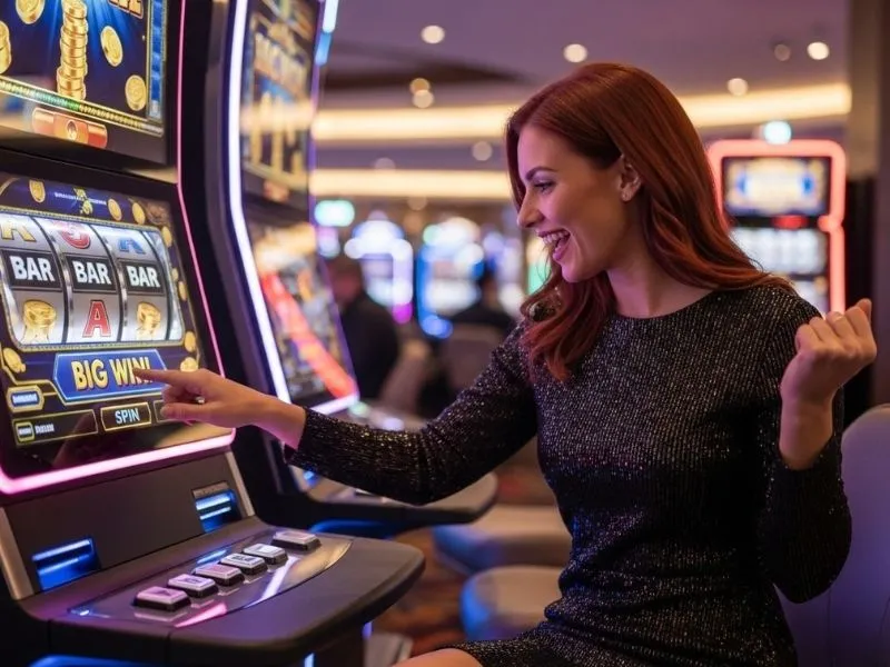 Cheerful woman playing slot machines inside a physical casino at PHCash Casino