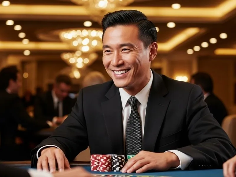 Man smiling happily while playing poker at PHCash Casino