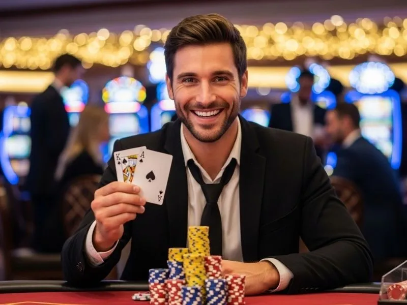 Man smiling and holding playing cards at a poker table inside PHCash Casino