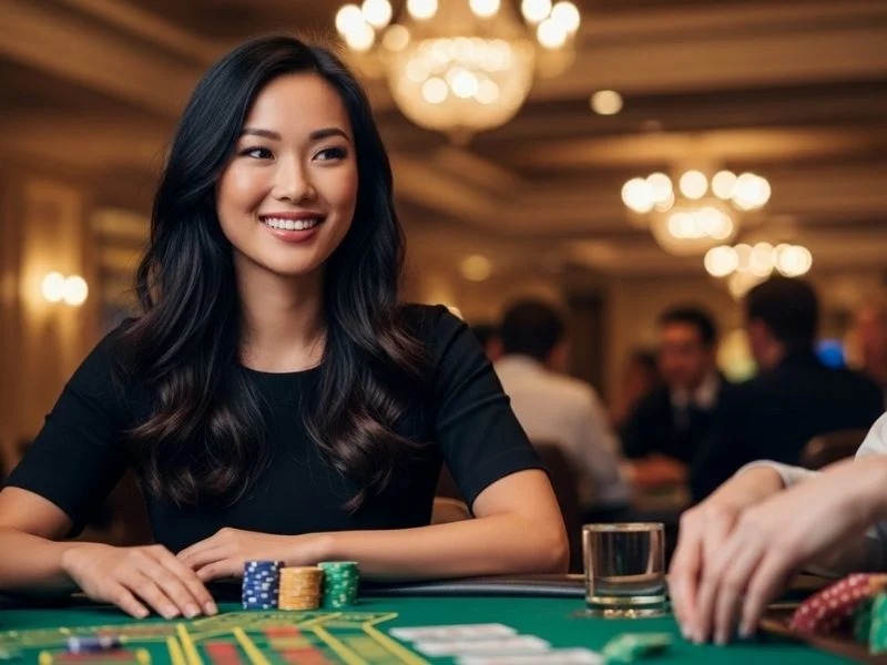 Female player smiling while enjoying casino games at PHL BOS Online Casino