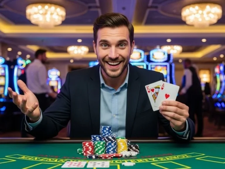PHL BOS Online Casino male gambler smiling with chips and cards in hand