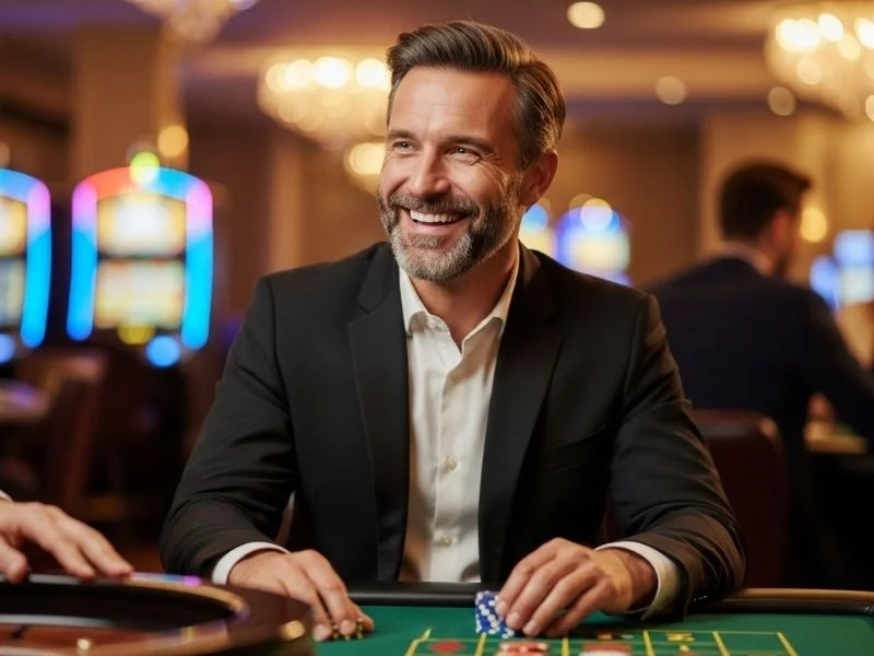 Old man smiling happily while playing roulette at PHL BOS online casino