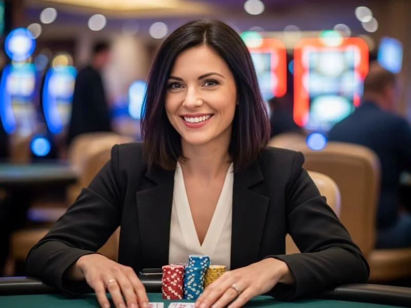 Lady smiling with casino chips at poker table, enjoying phl163 online casino login experience.