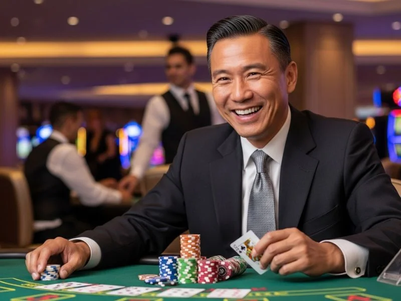 Man smiling while playing poker at a casino table using phl163 online casino login.