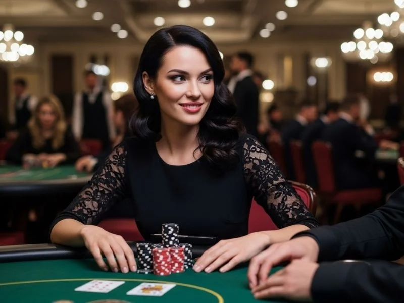 Woman smiling happily while playing poker at a casino table, enjoying her game on Pragmatic Play Philippines.