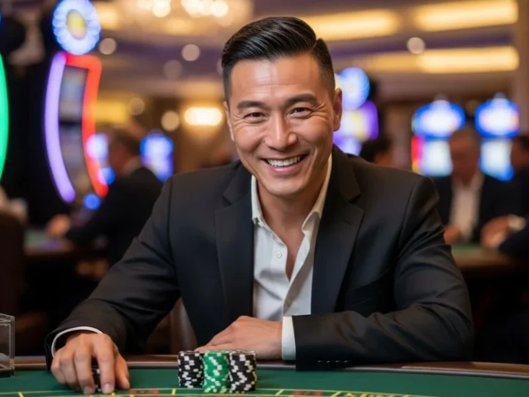 Man smiling and showing poker chips on a table at a casino, enjoying Pragmatic Play Philippines games