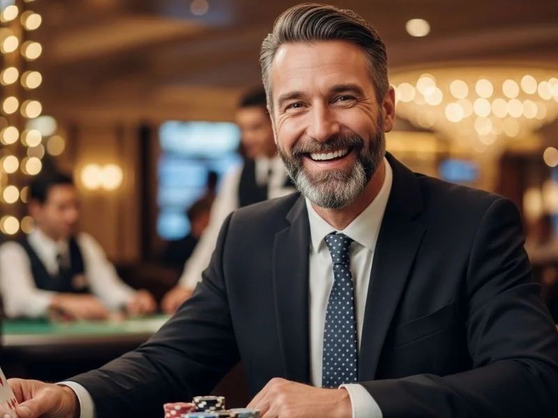 Old man laughing joyfully while playing poker at a casino table, enjoying his time at Spin Philippines.