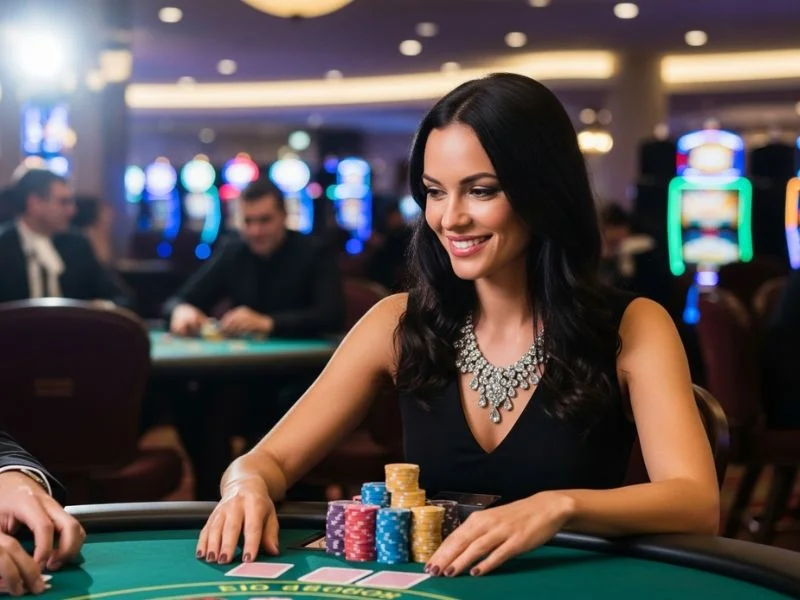 Woman happily playing casino games inside Spin Philippines casino