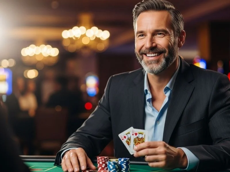 Cheerful man holding cards at a poker table, enjoying his game at a casino with Spins PH.