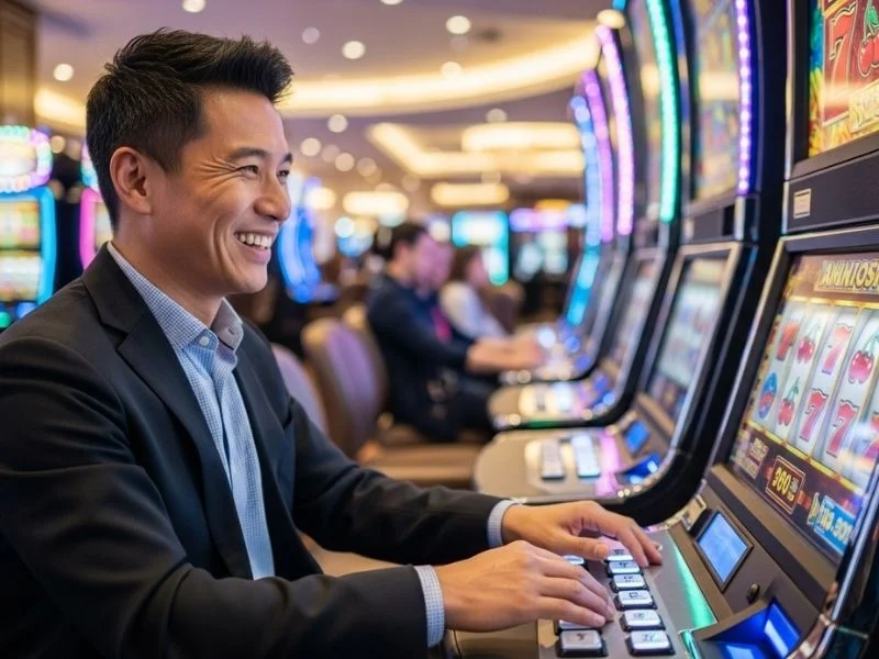 Happy man playing slot machines in a colorful casino at Spins PH