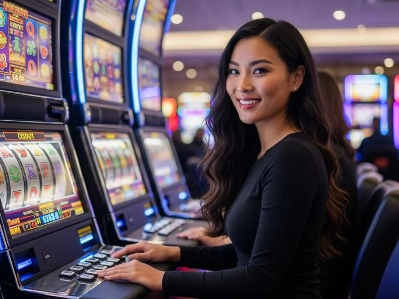 Happy woman playing slot machines in a colorful casino at Spins PH
