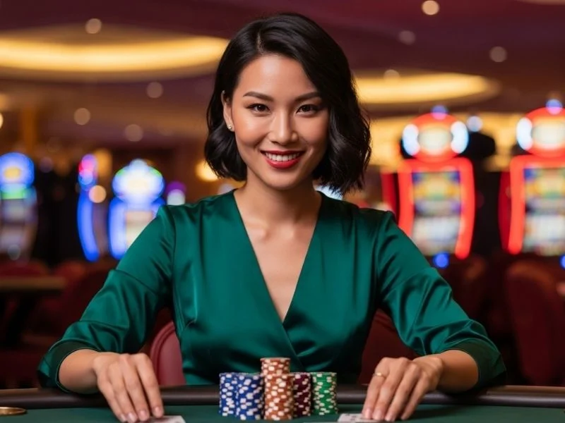 Smiling woman happily playing poker at a casino table with chips – Spins PH online casino player